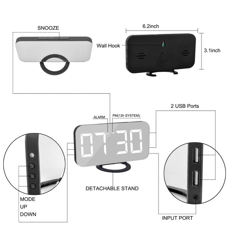 SZELAM Digital Clock Large Display, LED Alarm Electric Clocks Mirror Surface for Makeup with Diming Mode, 3 Levels Brightness, Dual USB Ports Modern Decoration for Home Bedroom Decor-Black - Image 4